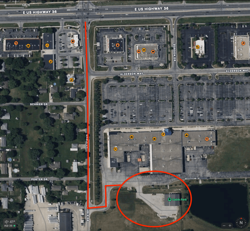 maps showing where Gable Park is located with a red circle around it and red lines showing the route